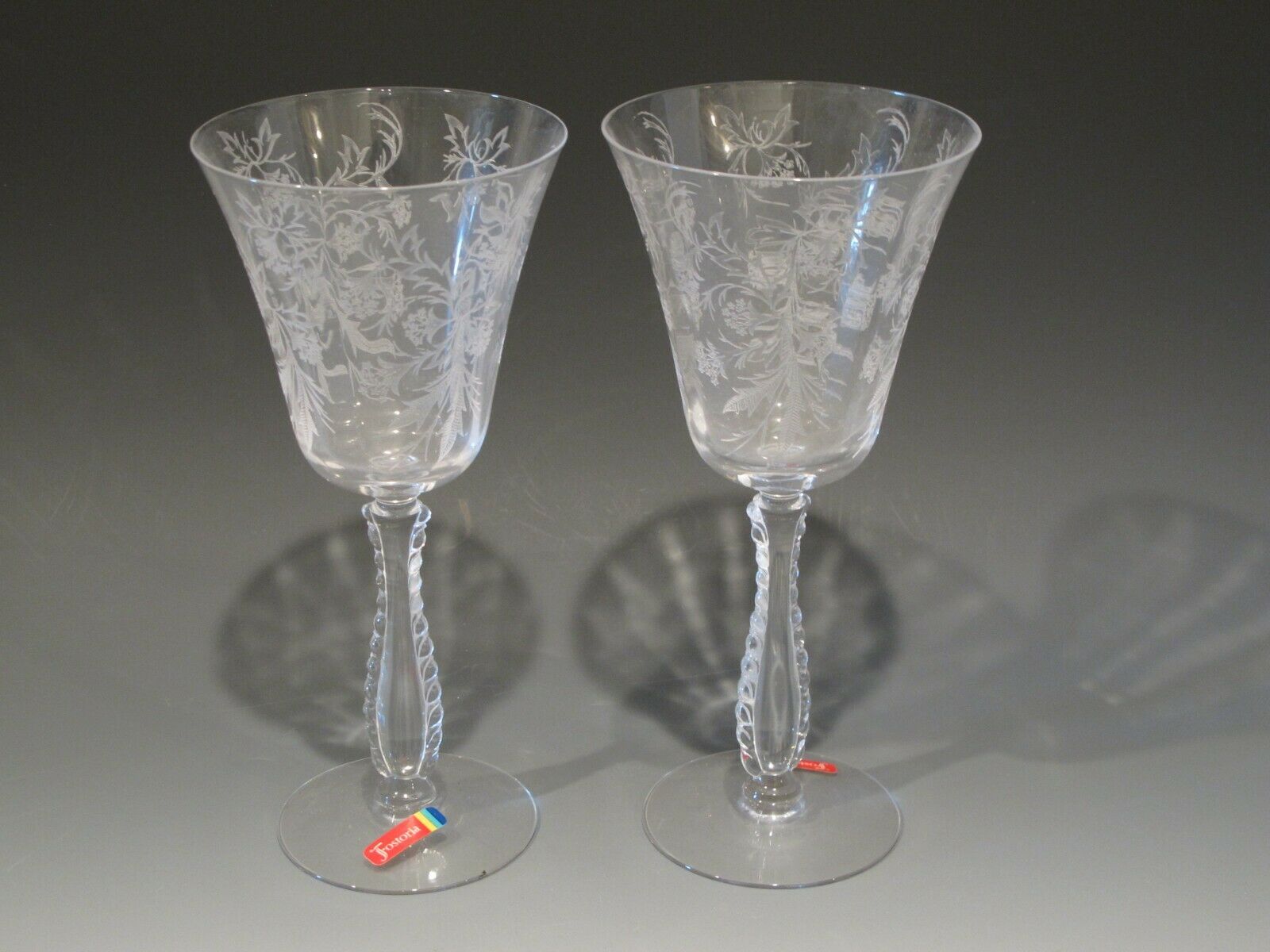 Set (2) Fostoria Heather Etched Crystal Water Goblet Glasses