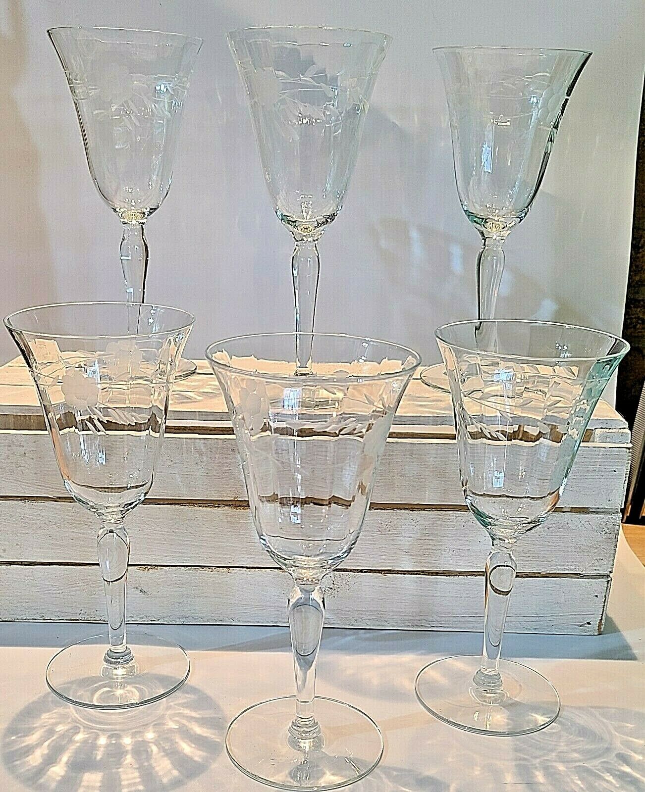 Vtg Fostoria Tall Crystal Wine Stem Glasses Etched Floral Vines Set Of 6 