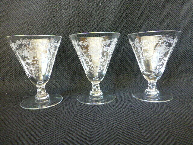 Three Vintage Fostoria Crystal Mayflower Etched Oyster Or Fruit Cocktail Glasses